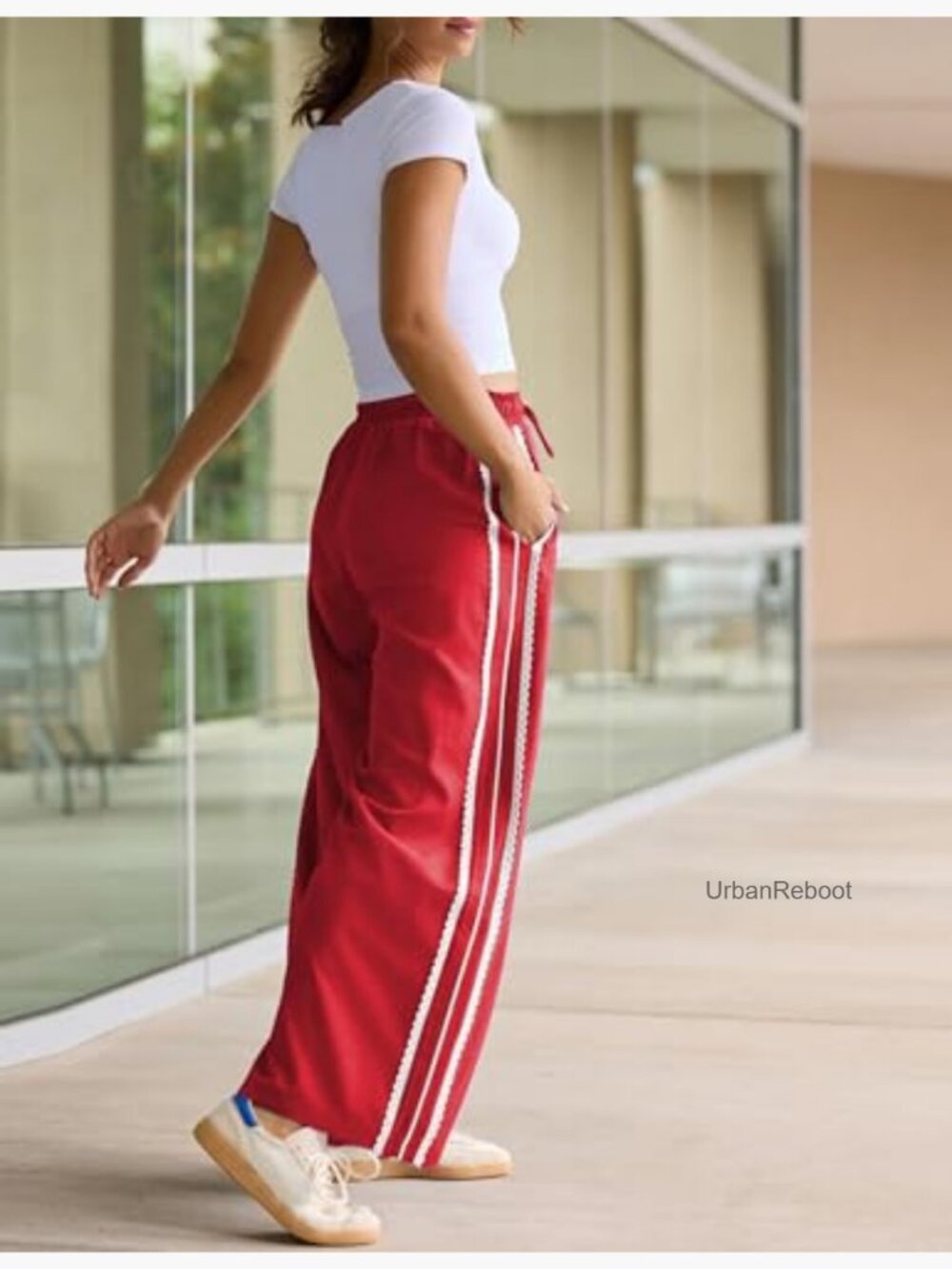 Wide Leg Striped Sweatpants with Pockets Drawstring Waist Casual Lounge Palazzo - Picture 6 of 7